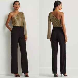 LAUREN Ralph Lauren Metallic One Shoulder Jumpsuit 10 Black Gold Flare Sleeve